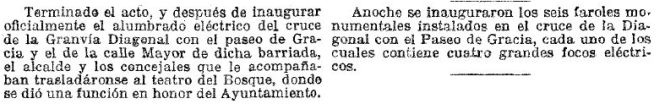 Anunci de l'inauguració de les faroles a l'encreuament de Diagonal i Passeig de Gràcia aparegut a La Vanguardia el 29 de Juny de 1909
