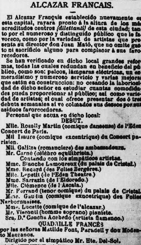 Anunci de l'estrena de l'Alcázar Francés aparegut a La Publicidad el Gener de 1886